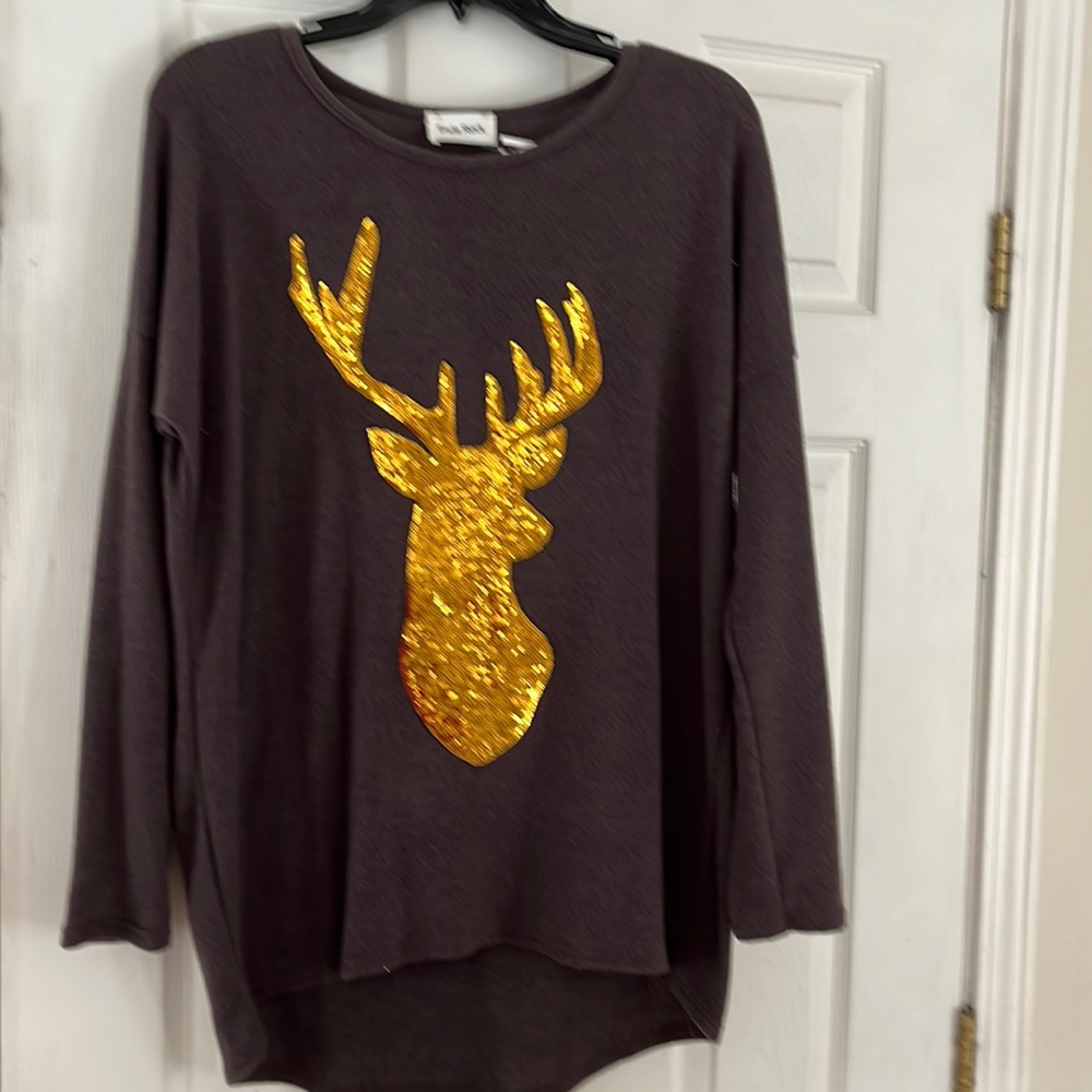 Tunic brown top with gold sequin deer head
